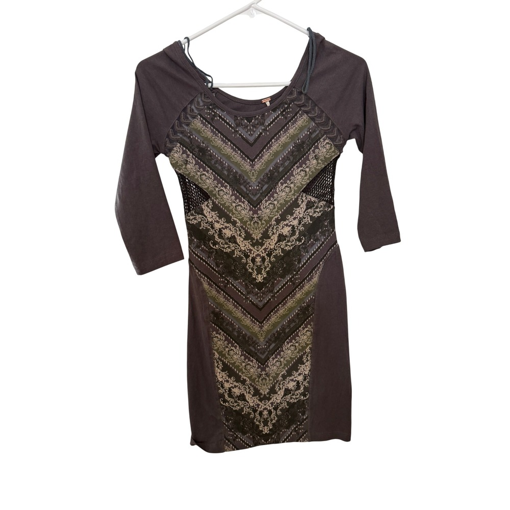 Free People NWT Out of Africa Dress SZ XS Charcoal Chevron Mesh Cutout Back Mini